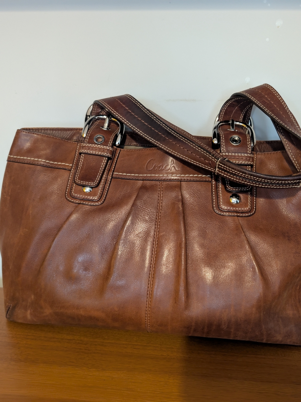 Coach Brown Leather Shoulder Bag with Pleated Front